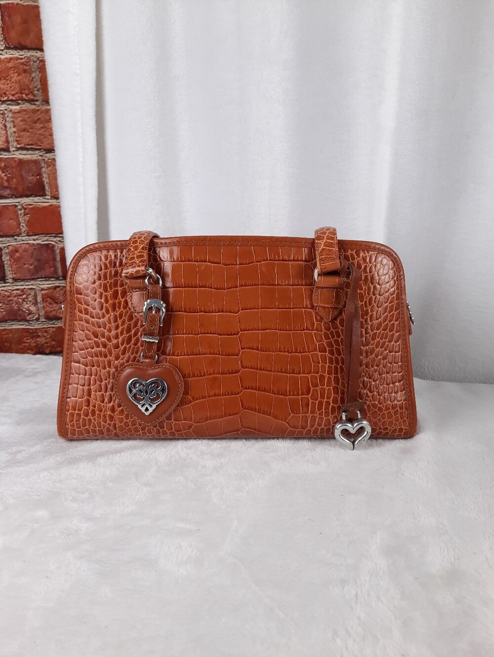 Brown Croc-Embossed Heart Charm Shoulder Bag